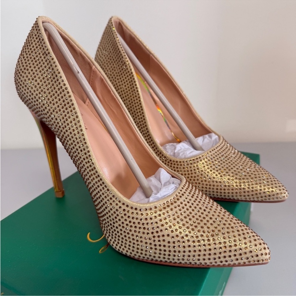 Lauren Lorraine Dori Bronze Rhinestone Pumps Womens 8 Pointed Toe Stiletto Heels